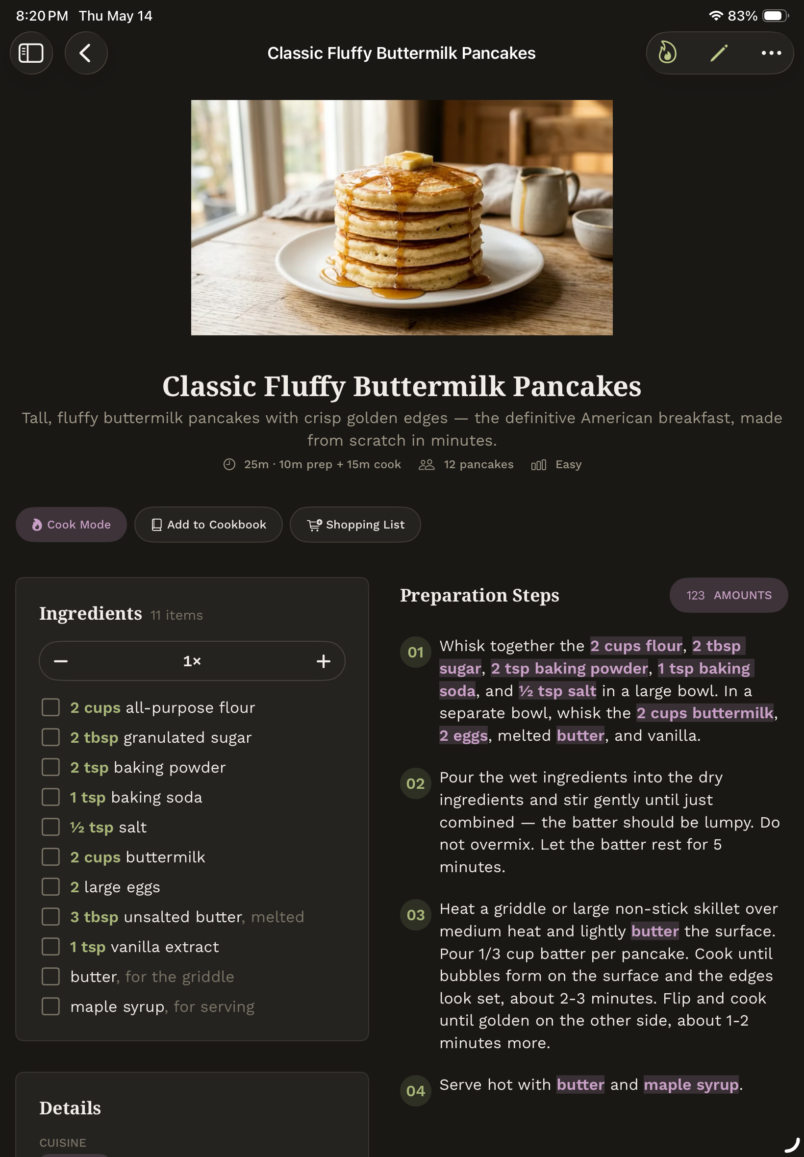 iPad showing parsed recipe detail