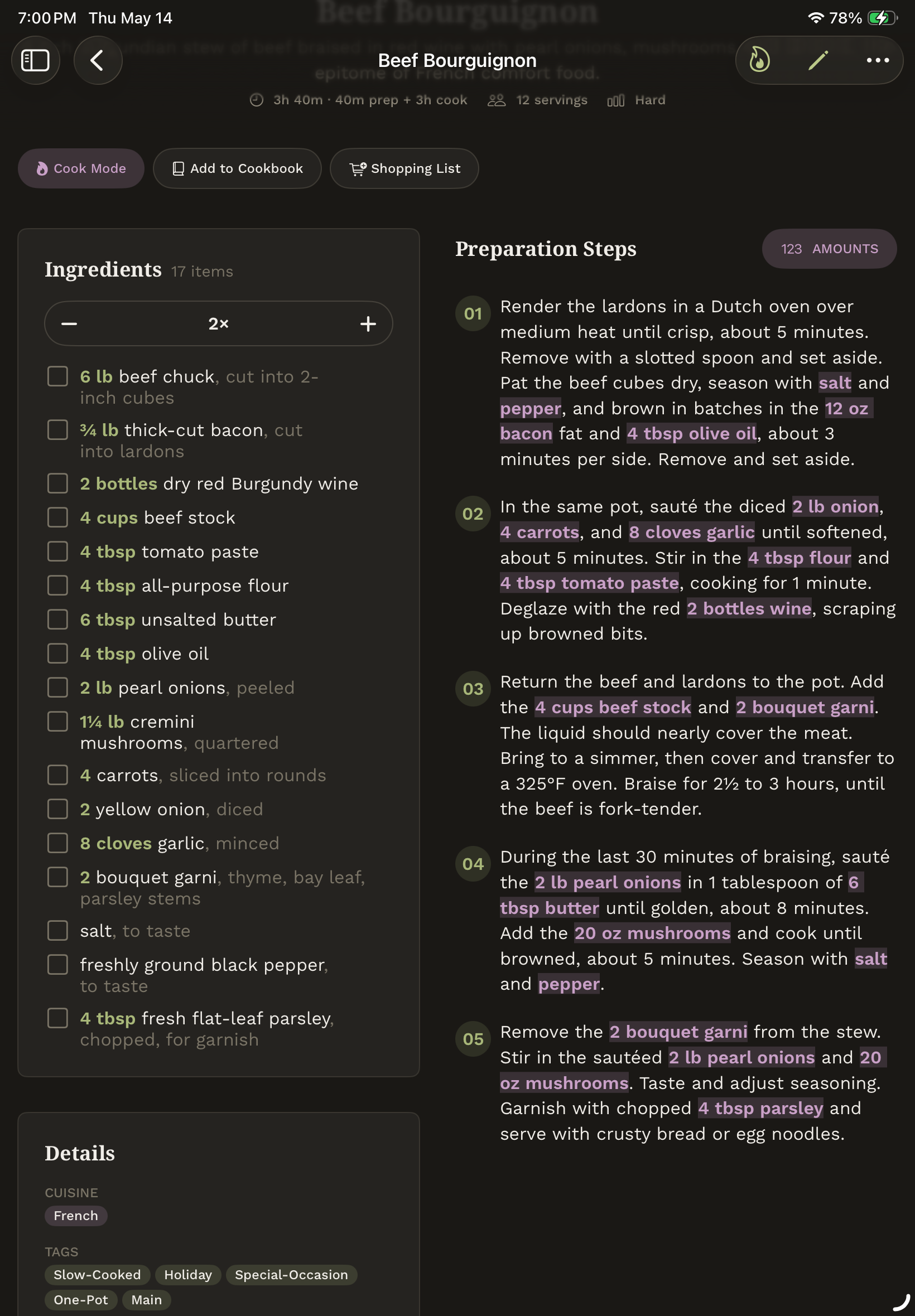 iPad two-pane recipe detail with scaled servings