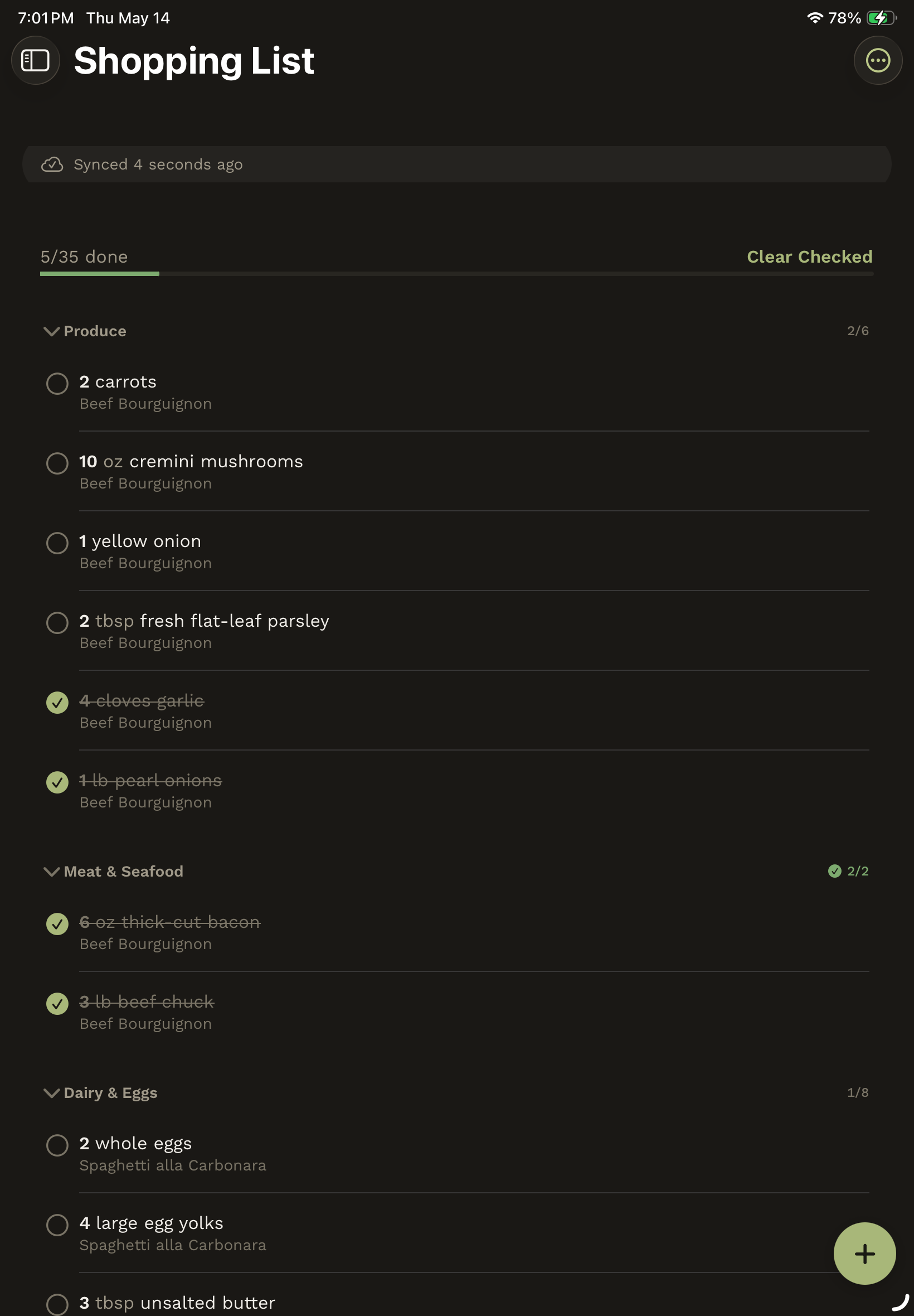 iPad shopping list grouped by aisle