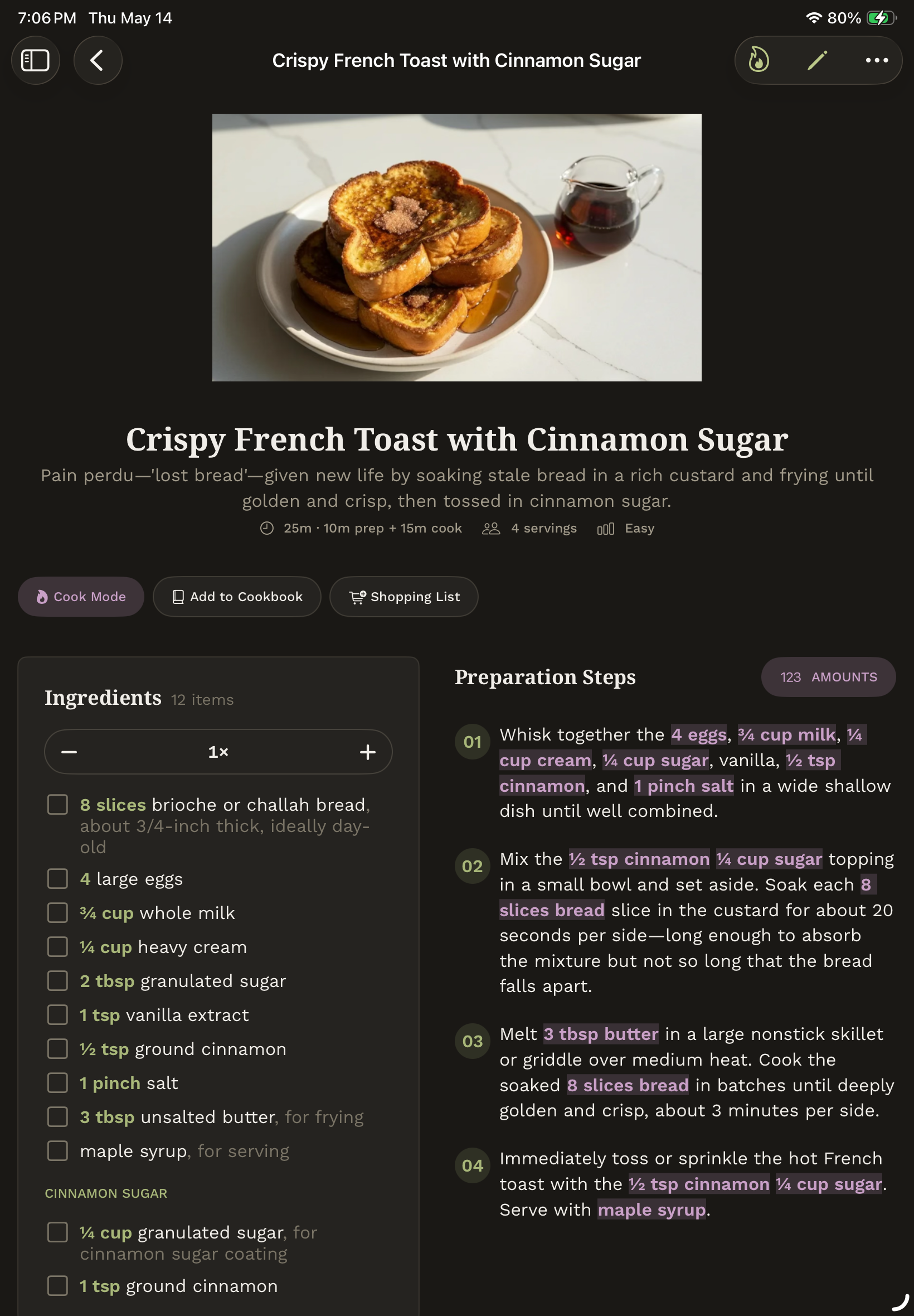 iPad iCloud sync — synced recipe detail