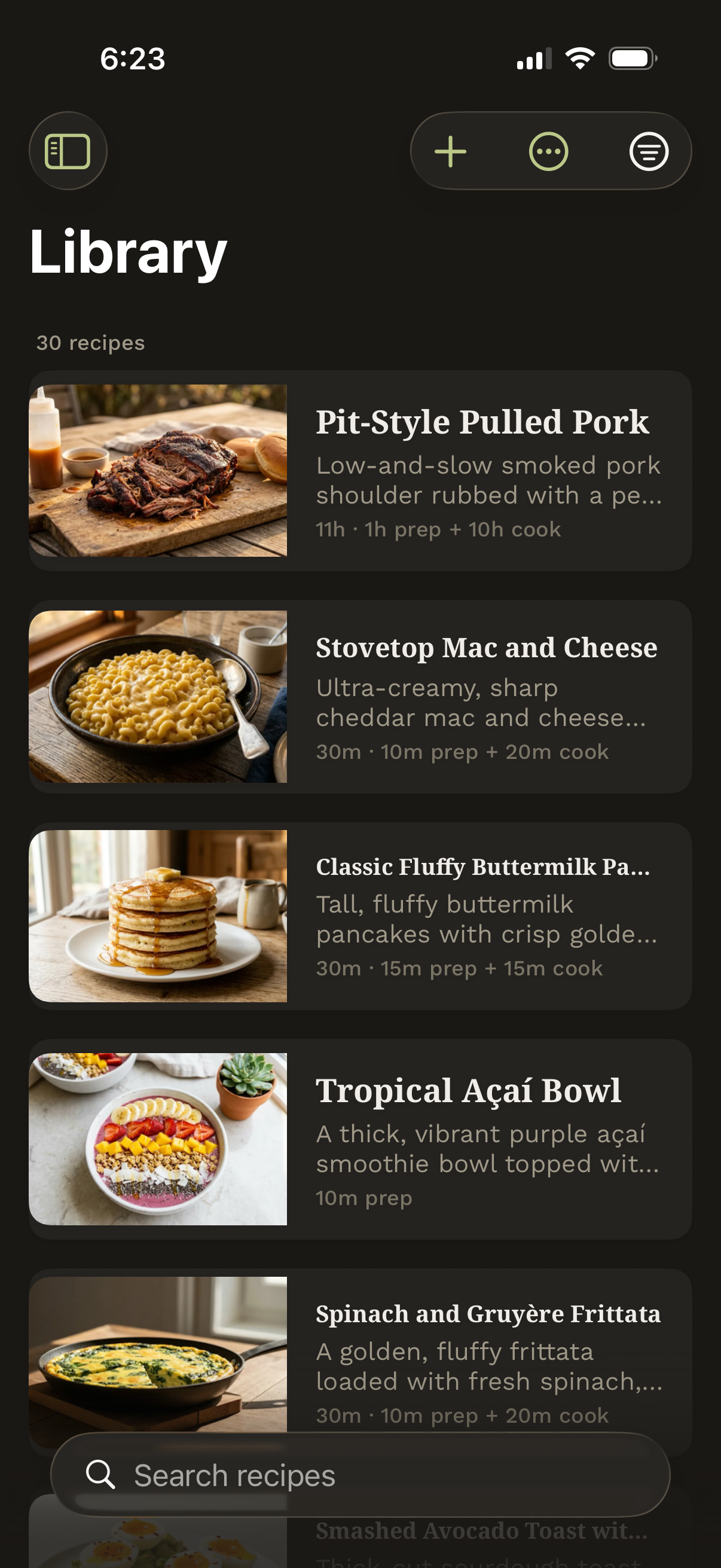 Library hero screen — recipes beautifully organized