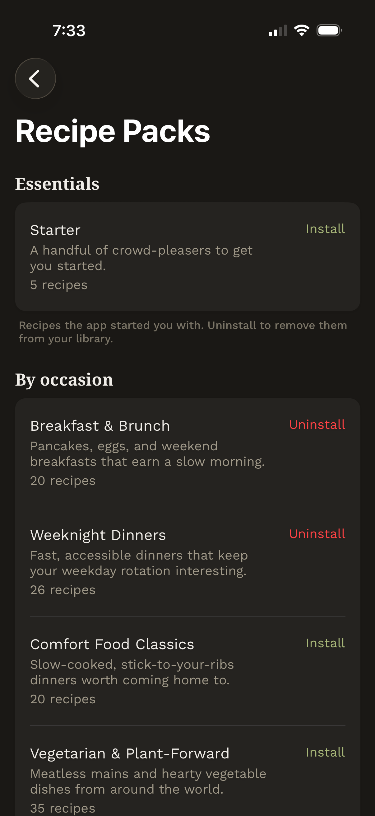 Recipe packs — starter content